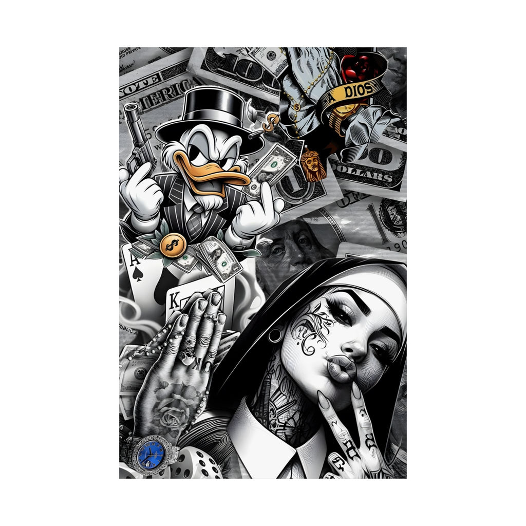 Chicano Street Art Collage Satin Poster | Nun & Duck Money Wall Art | 24x36