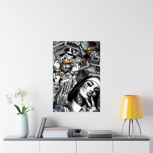 Chicano Street Art Collage Satin Poster | Nun & Duck Money Wall Art | 24x36