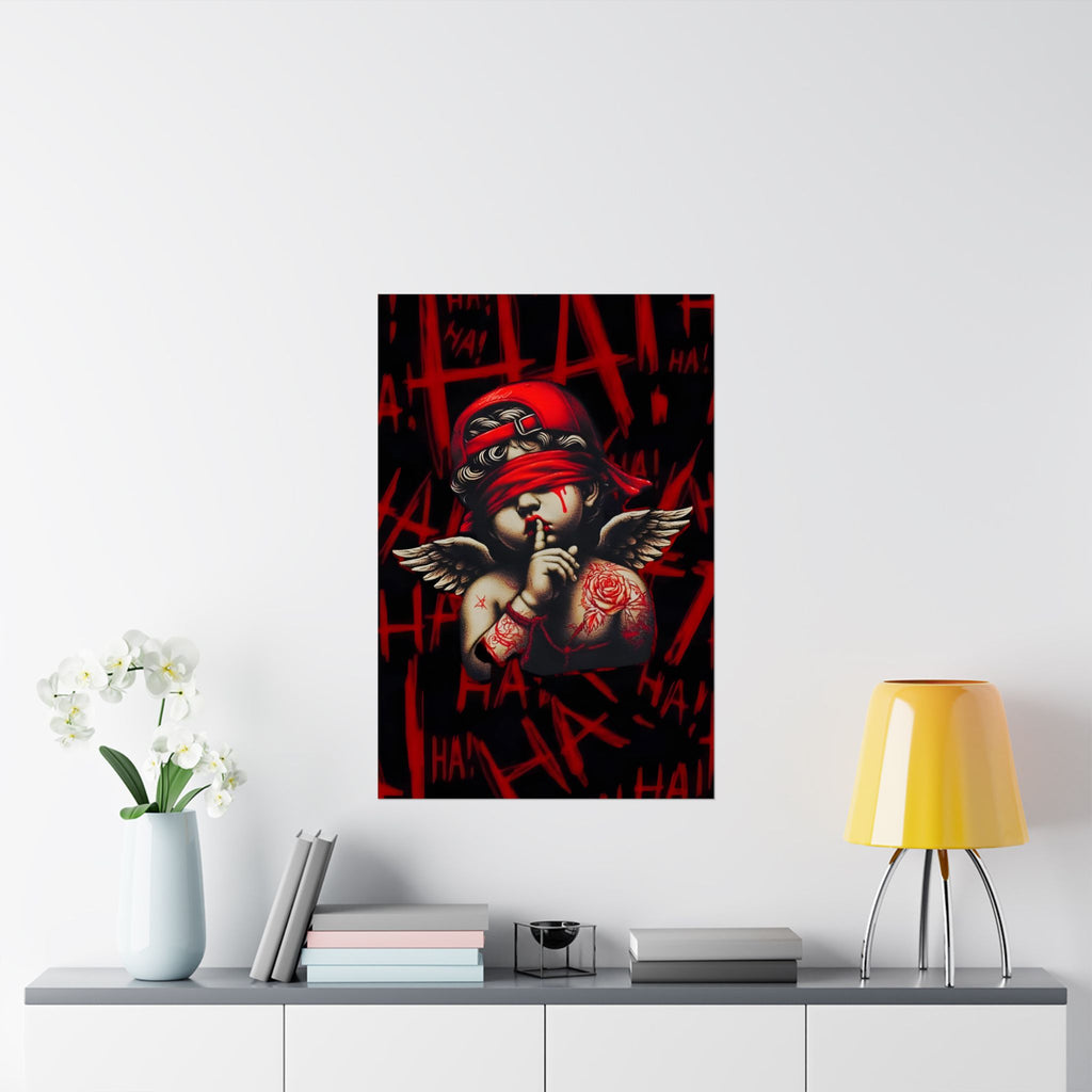Dark Cupid Satin Poster | Gothic Angel with “HA” Graffiti | 24x36