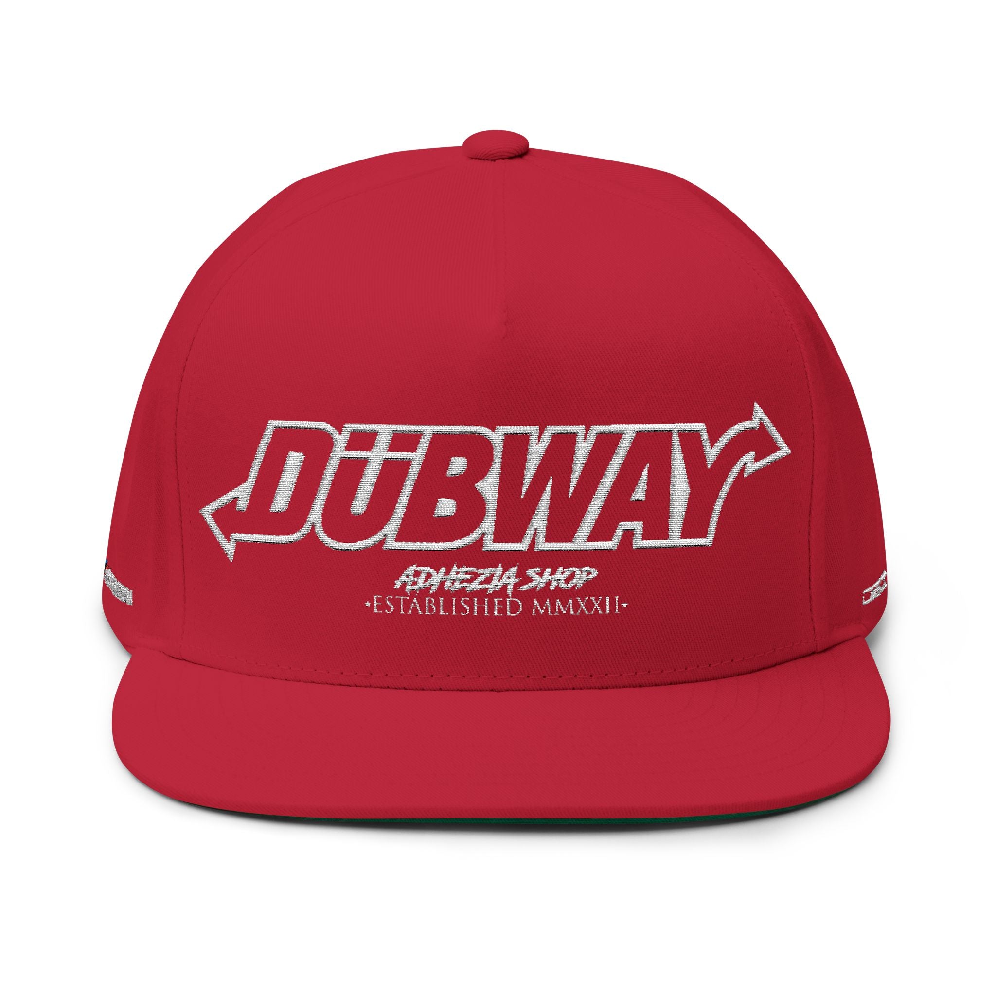 Dubway embroidered flat bill snapback cap made from premium cotton twill with an adjustable snapback closure.