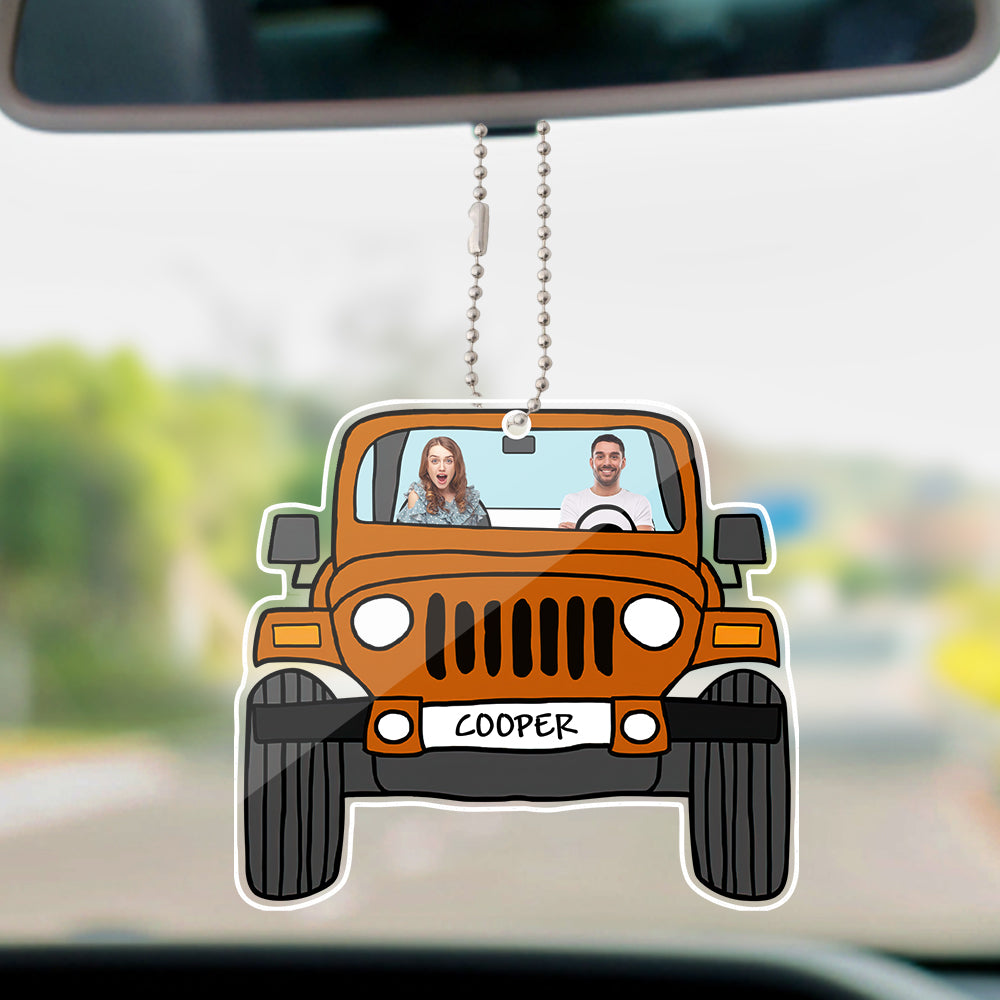 Personalized off-road car acrylic hanging ornament with custom photos printed on both sides.