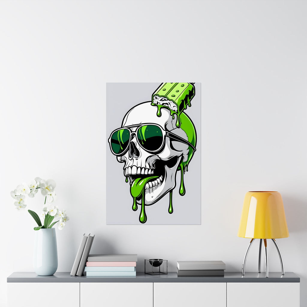 Skull Popsicle Poster | Neon Green Dripping Skull Satin Poster | 24x36
