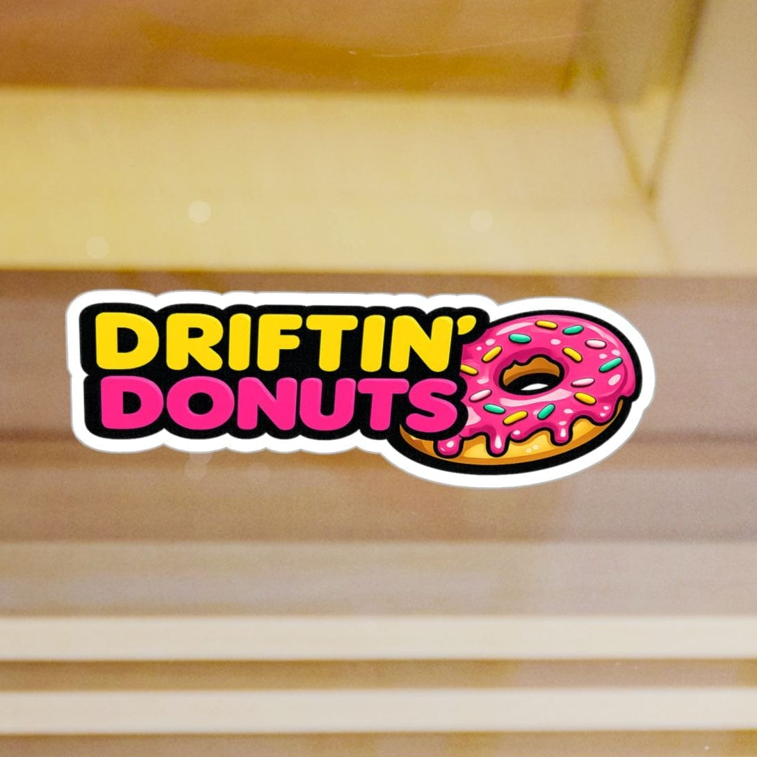 Driftin Donuts vinyl sticker featuring a pink sprinkled donut inspired by drift and JDM car culture.