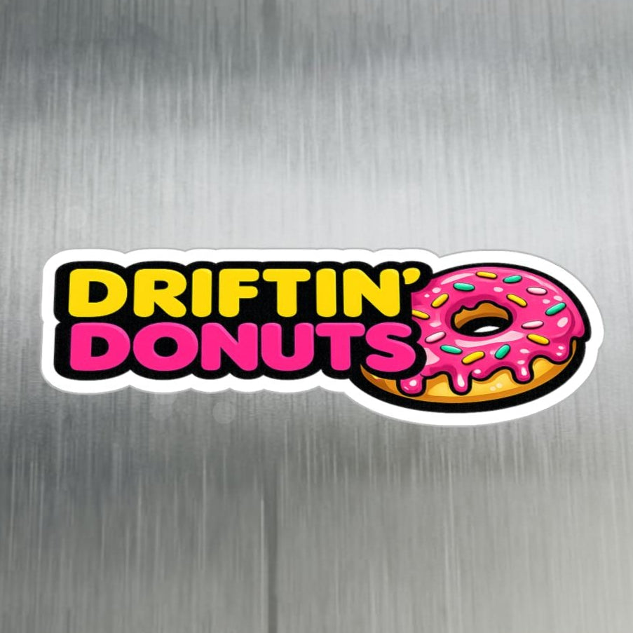 Driftin Donuts vinyl sticker featuring a pink sprinkled donut inspired by drift and JDM car culture.