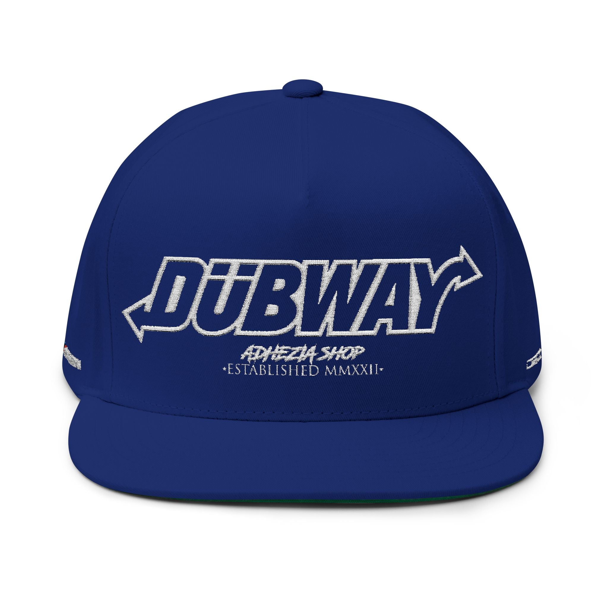 Dubway embroidered flat bill snapback cap made from premium cotton twill with an adjustable snapback closure.