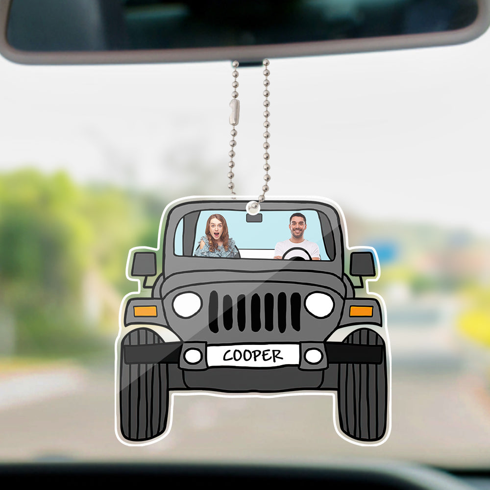 Personalized off-road car acrylic hanging ornament with custom photos printed on both sides.