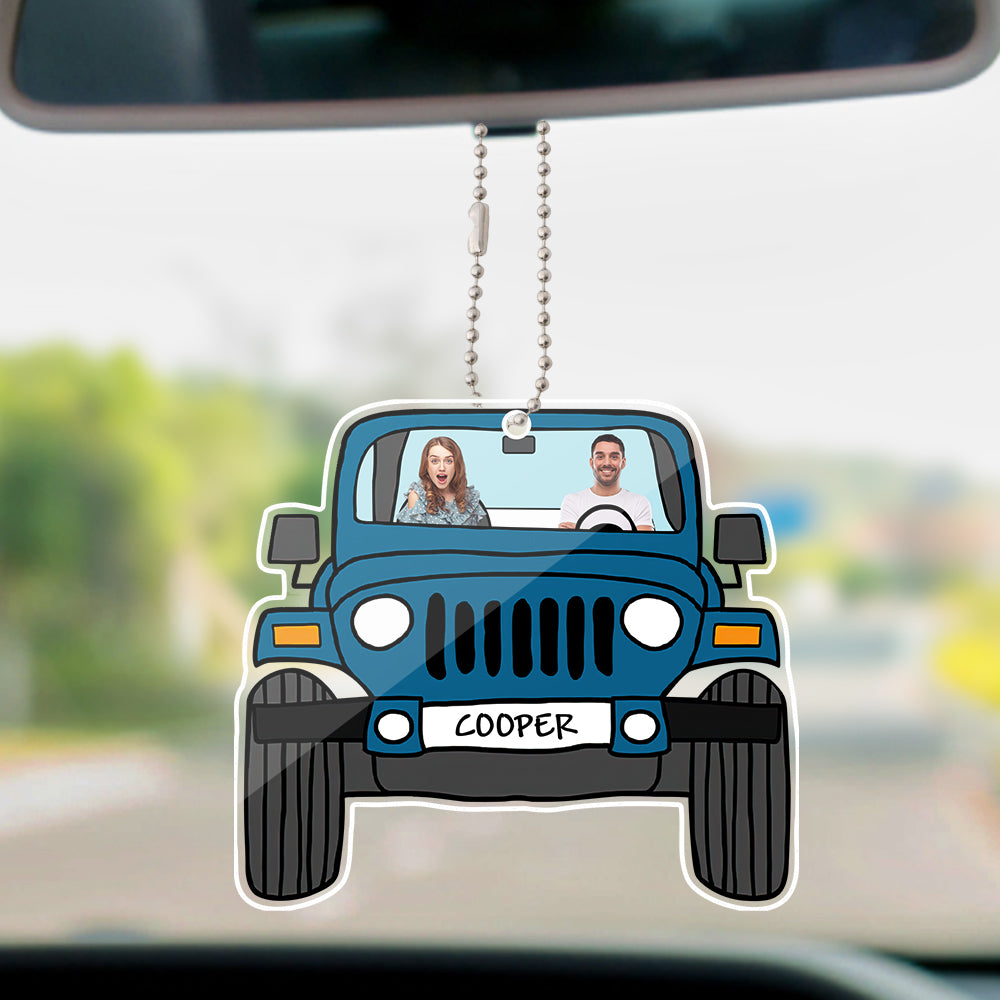 Personalized off-road car acrylic hanging ornament with custom photos printed on both sides.