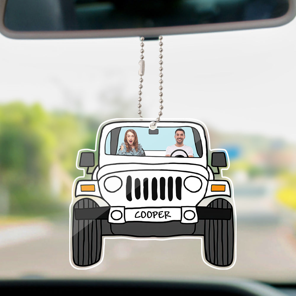 Personalized off-road car acrylic hanging ornament with custom photos printed on both sides.