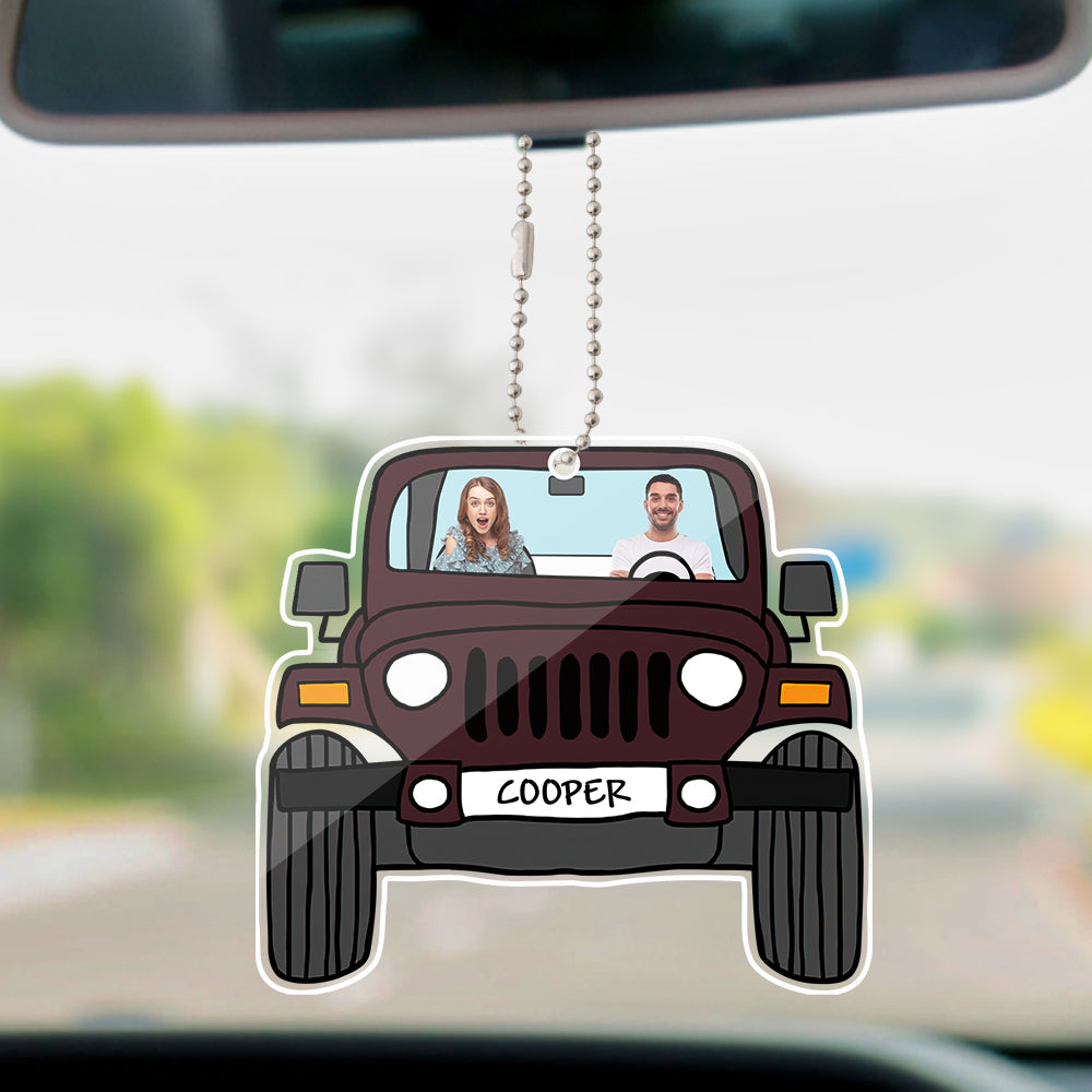 Personalized off-road car acrylic hanging ornament with custom photos printed on both sides.