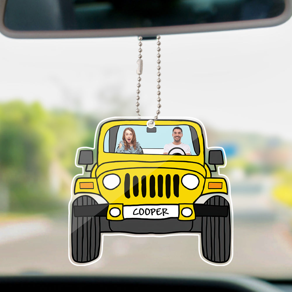 Personalized off-road car acrylic hanging ornament with custom photos printed on both sides.