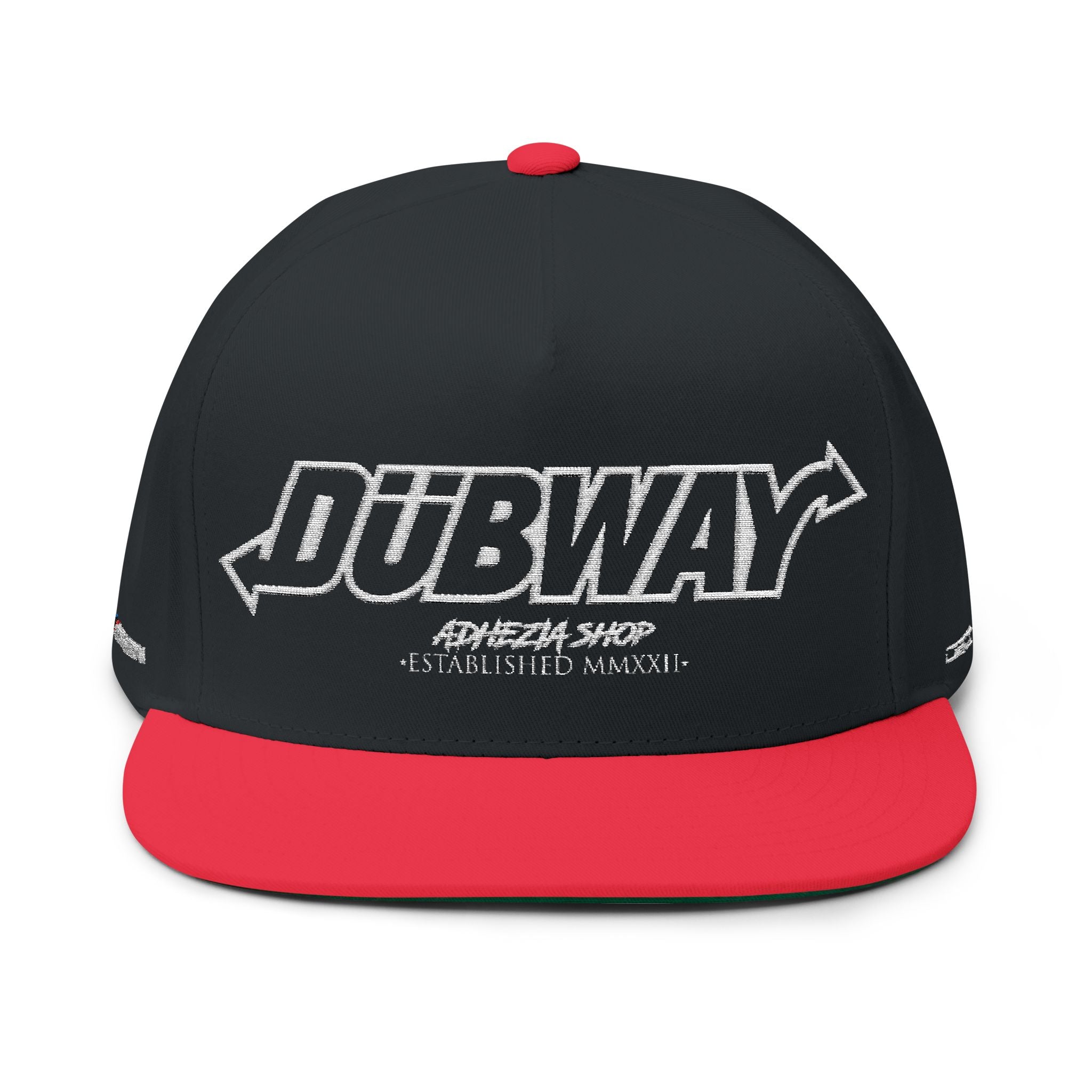 Dubway embroidered flat bill snapback cap made from premium cotton twill with an adjustable snapback closure.