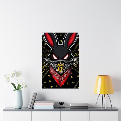 Bunny Bandit Satin Poster | Edgy Red & Black Street Art Wall Print | 24x36