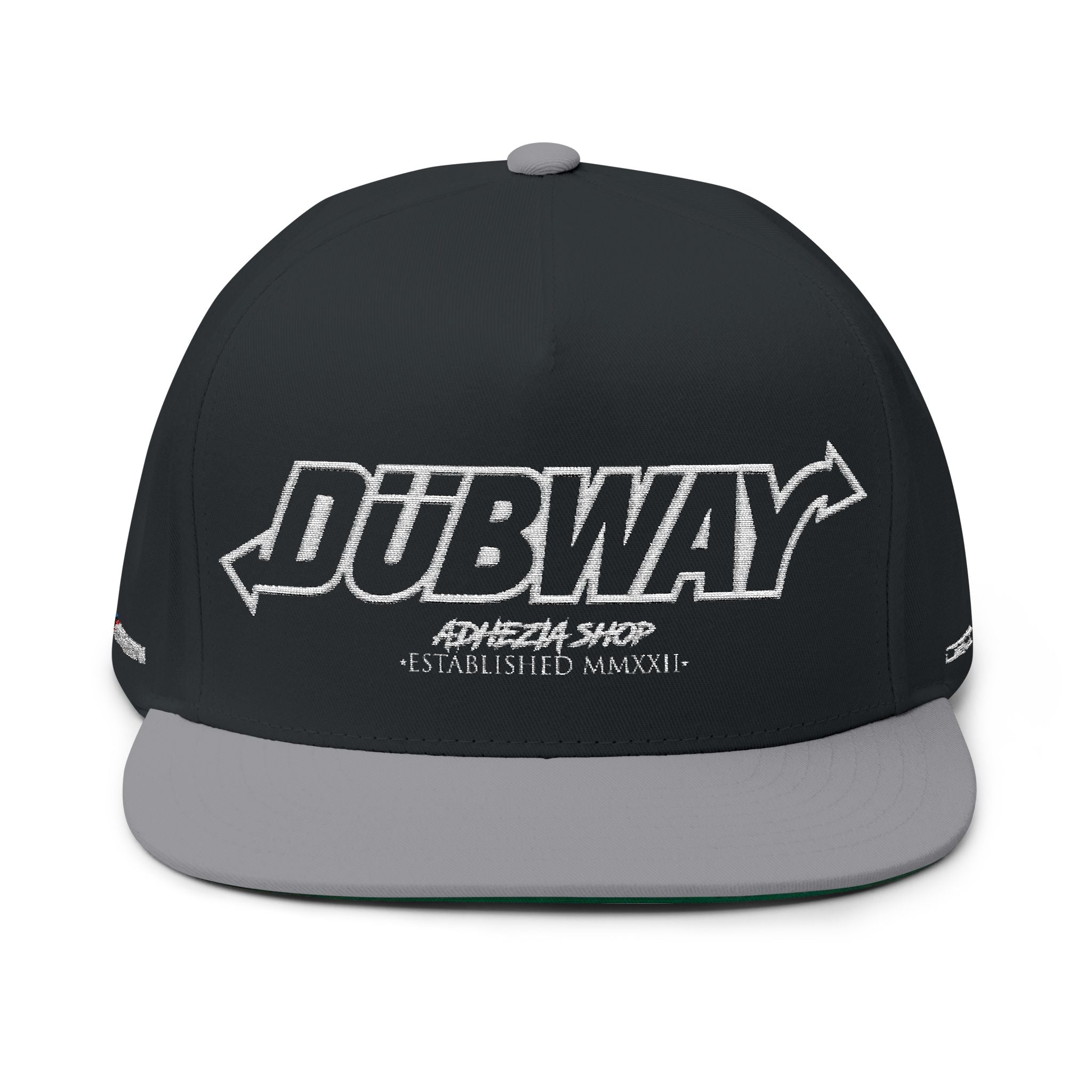 Dubway embroidered flat bill snapback cap made from premium cotton twill with an adjustable snapback closure.
