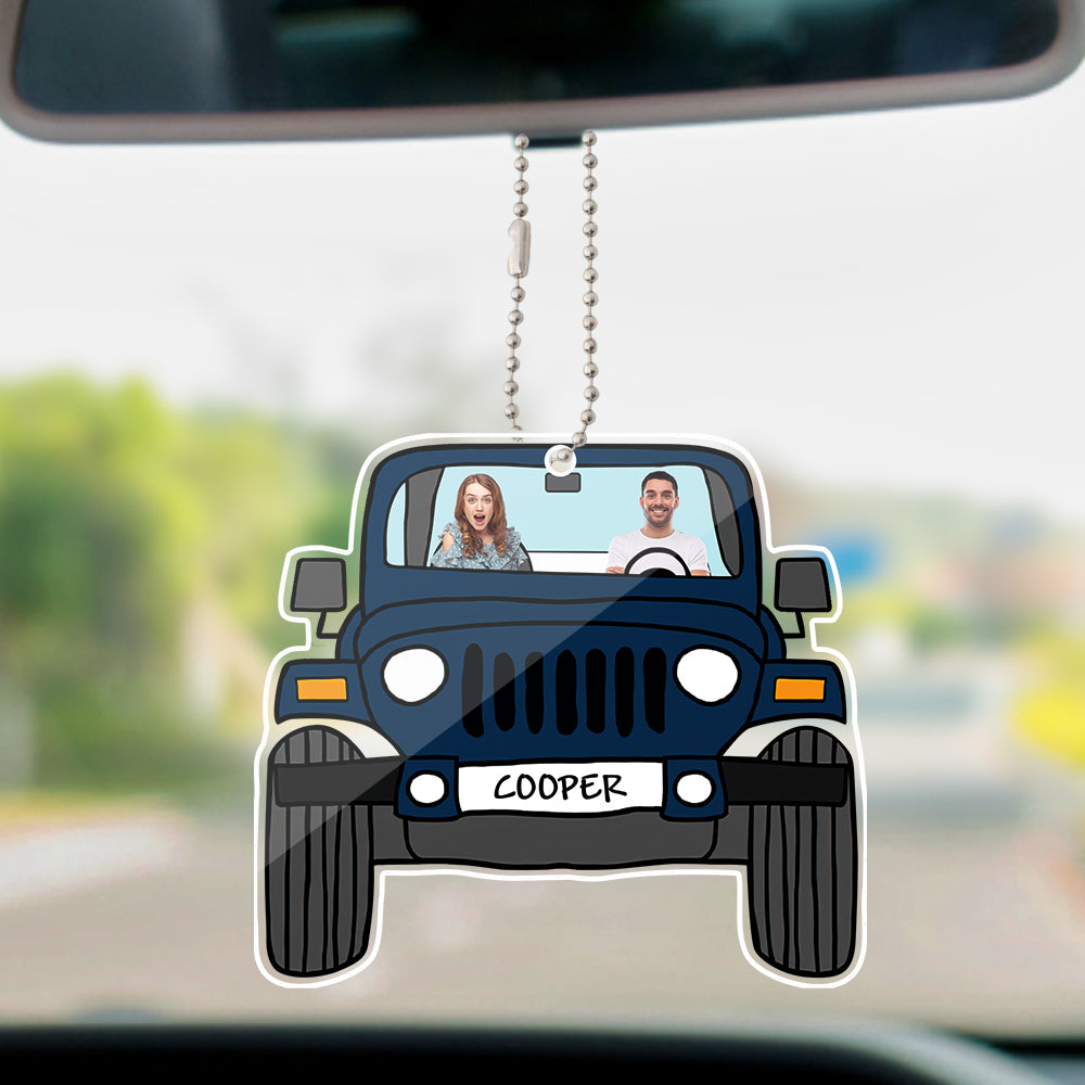 Personalized off-road car acrylic hanging ornament with custom photos printed on both sides.