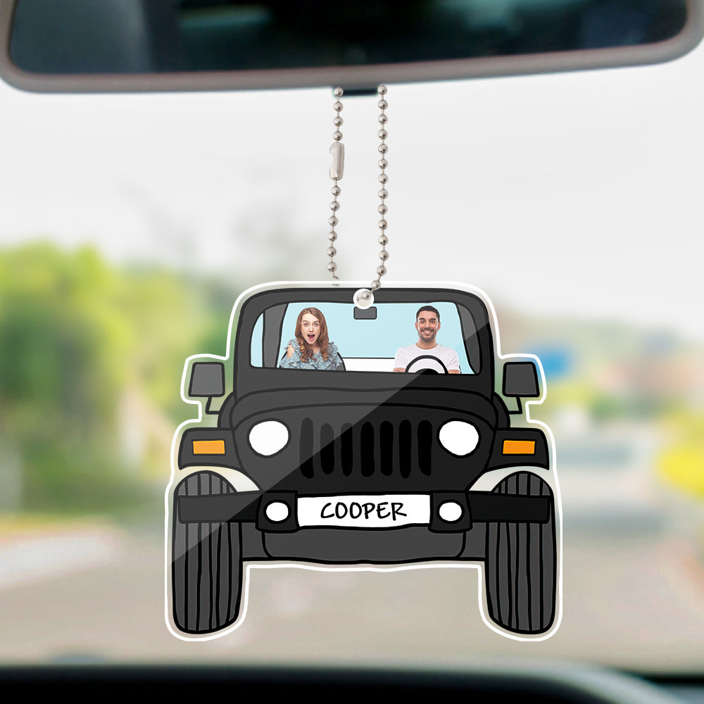 Personalized off-road car acrylic hanging ornament with custom photos printed on both sides.