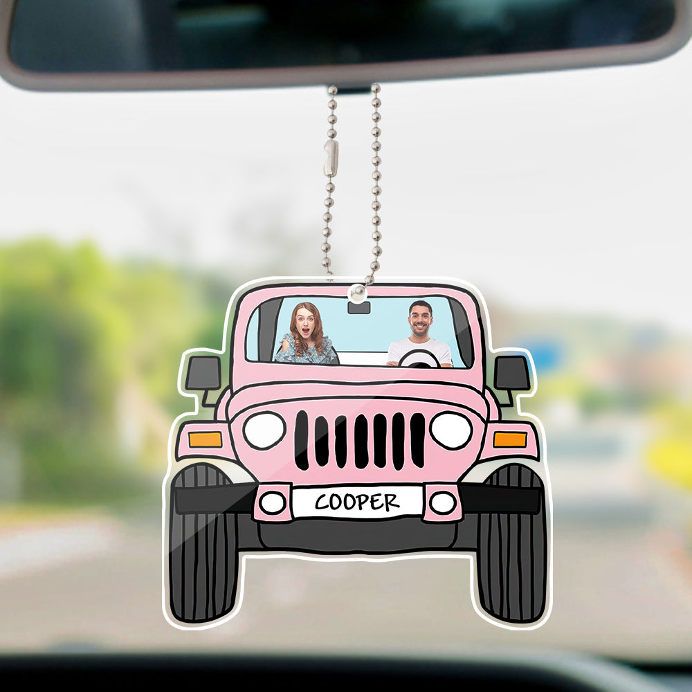 Personalized off-road car acrylic hanging ornament with custom photos printed on both sides.