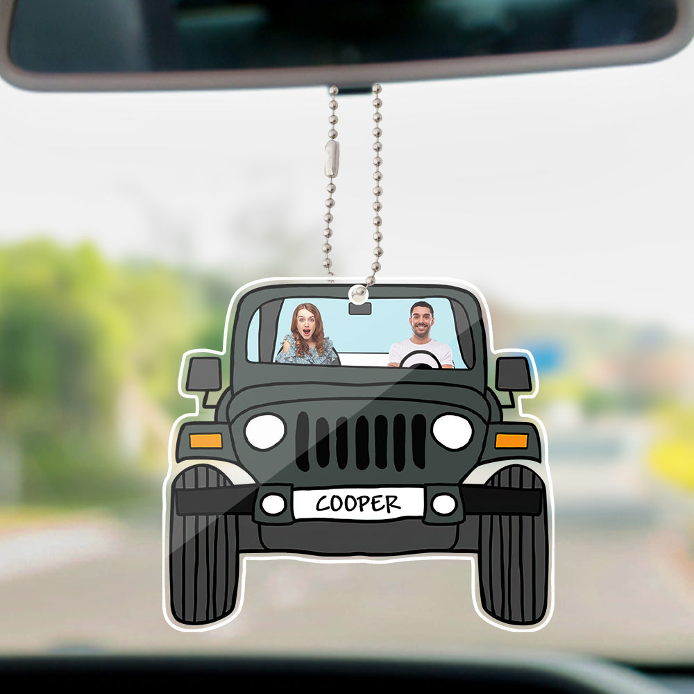 Personalized off-road car acrylic hanging ornament with custom photos printed on both sides.