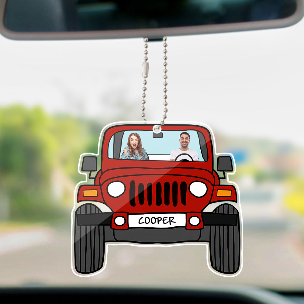 Personalized off-road car acrylic hanging ornament with custom photos printed on both sides.