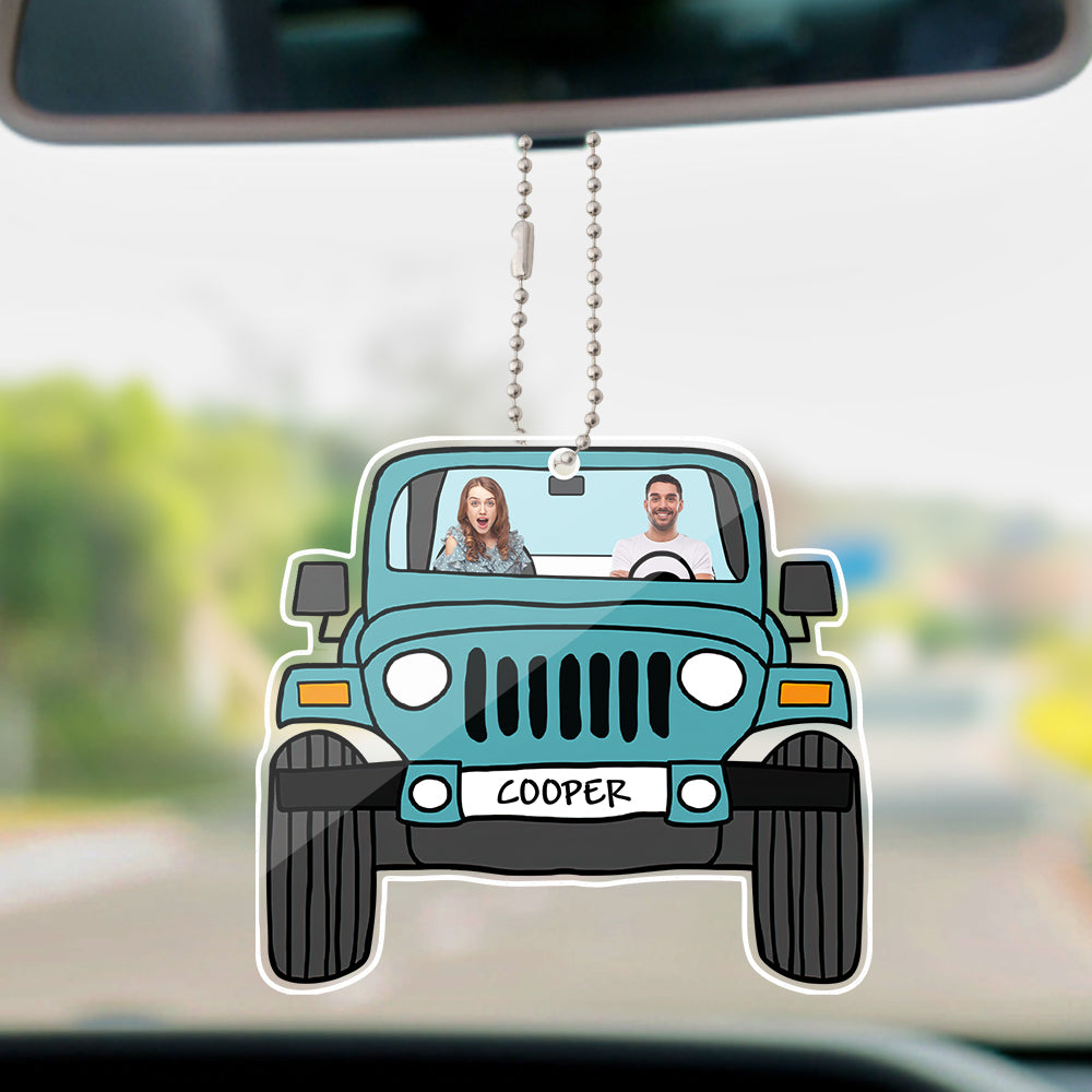 Personalized off-road car acrylic hanging ornament with custom photos printed on both sides.